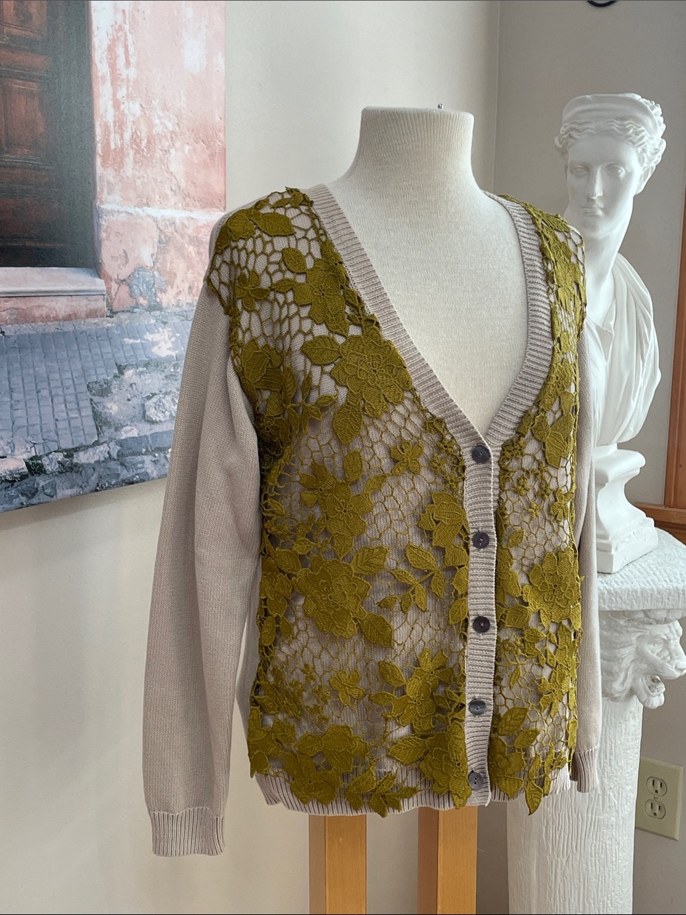 Sundance Boho Cardigan Cream with Olive Green Lace Beautiful M